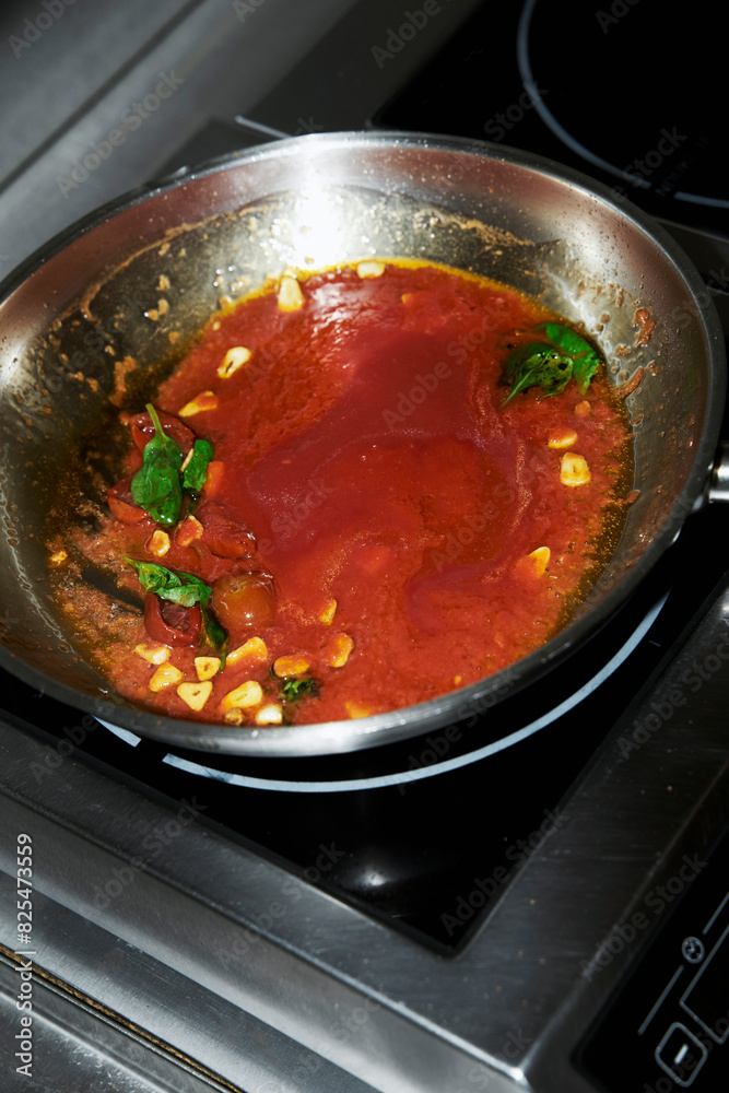 Tomato sauce with basil in a pan Tomato sauce with basil in a pan