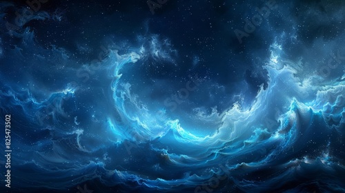 Mystical wave of enchanted blue dust cascading through a dreamscape