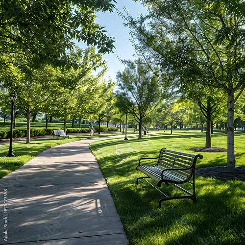 Tranquil Modern Recreational Park with Greenery, Benches, and Shaded Pathways for Community Relaxation and Leisure Activities © Dorothy
