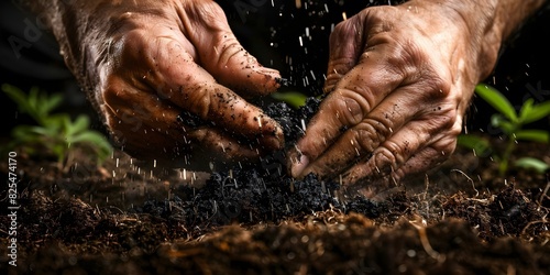 Closeup of hands spreading biochar in soil for sustainable soil management. Concept Sustainable Agriculture, Organic Farming, Soil Fertility, Biochar, Soil Management photo