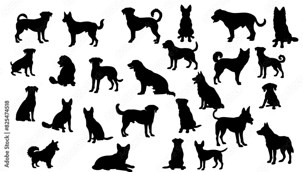 silhouette dog set black and white. Vector illustration pet collection cut out. Standing cartoon isolated white dog. Mammal element symbol profile