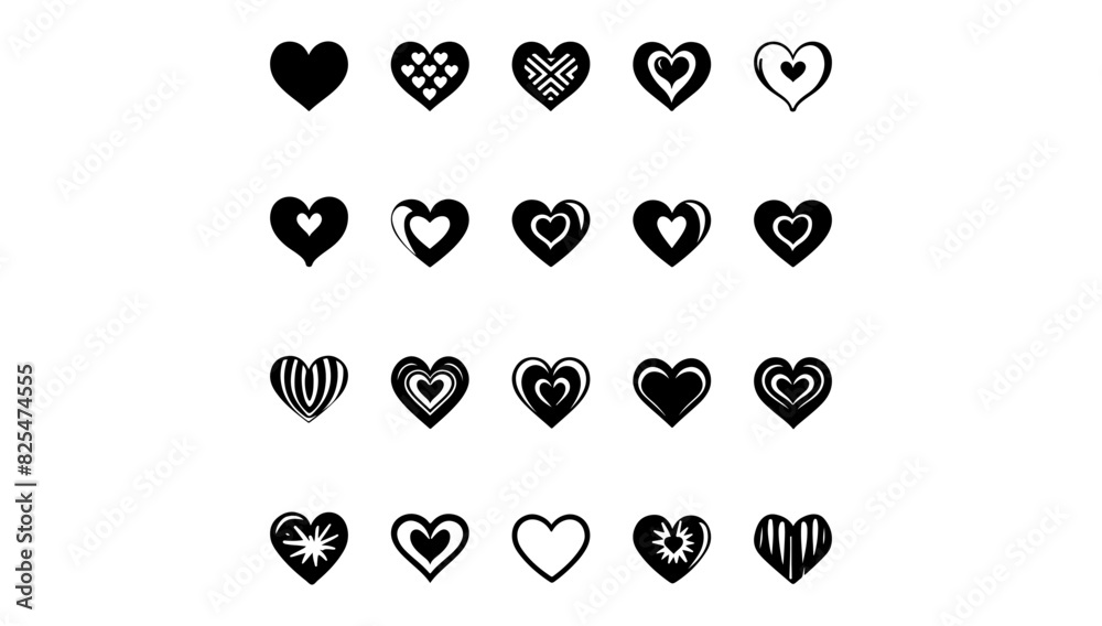 Heart icon black and white vector illustrations collection. Symbol love ...