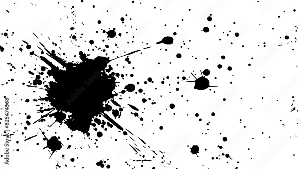 Black paint splatter isolated on white background. Vector illustration dirty ink art and abstract design texture. Messy element splash drop and spotted blob decoration Black paint splatter isolated on white background. Vector illustration dirty ink art and abstract design texture. Messy element splash drop and spotted blob decoration