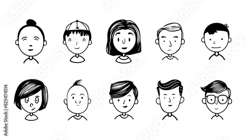 Minimal doodle avatars black and white set vector illustration. Person cartoon character design and face art. Icon human and outline hand-drawn anthropomorphic face