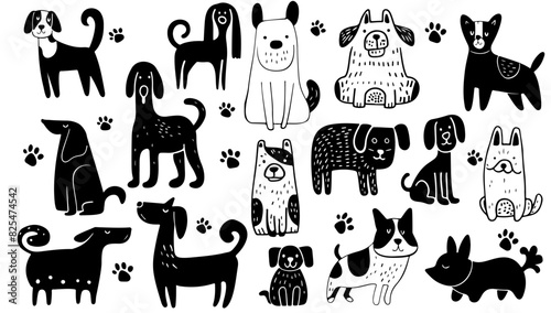Vector black and white hand drawn childish set dogs illustration. Animal cartoon cute doodle pet art and funny drawing collection. Adorable mammal vet outline