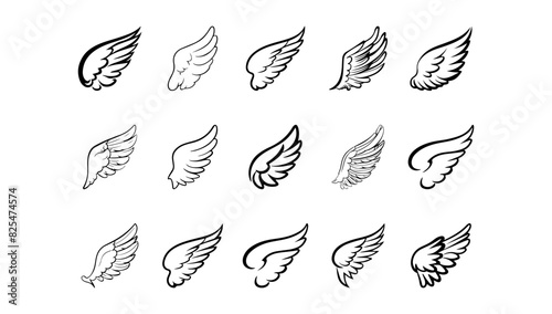 Wings collection black and white vector illustration. Angel tattoo set emblem. Tattoo graphic silhouette decorative icon. Freedom abstract drawing sign animal