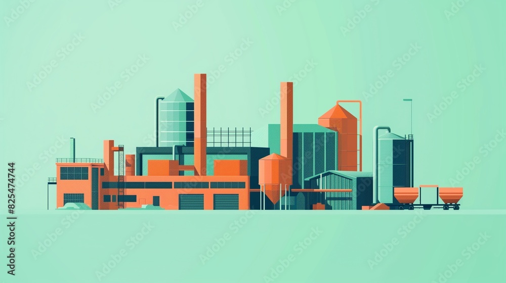 Obraz premium Flat solid color illustration with no gradient: tangerine orange recycling facility on mint green background--Waste Management and Recycling Innovations