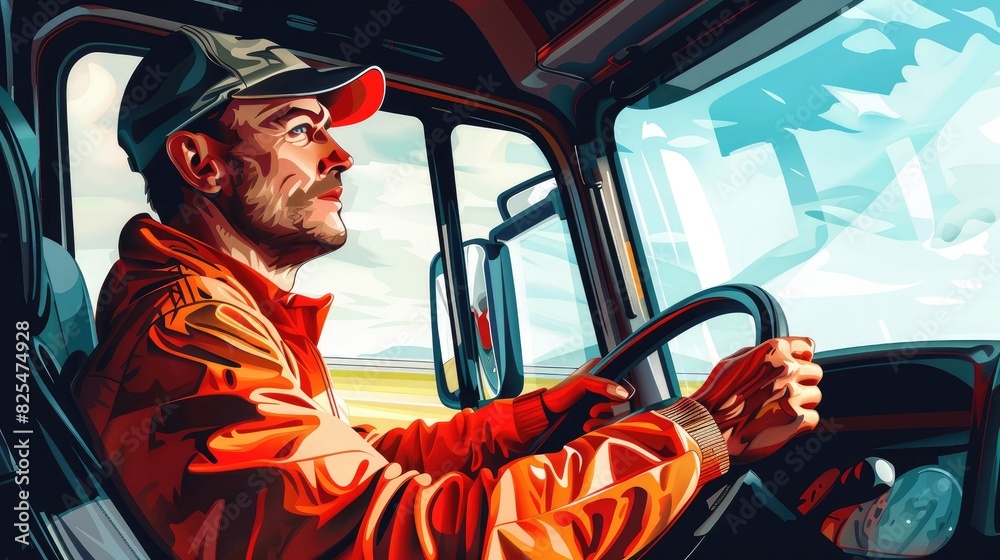 Handsome driver at the wheel of a truck at work. Driver or forwarder on ...