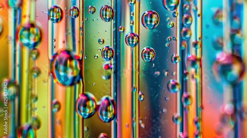  A close-up of a glass surface with various water droplets and multicolored background lines