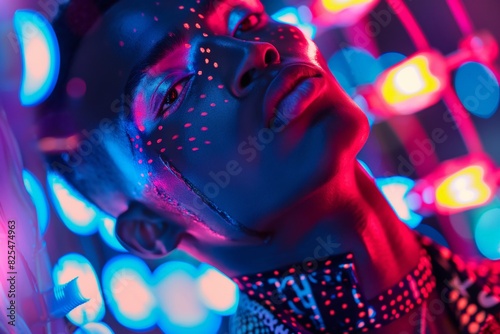 Vibrant and futuristic neon portrait with young adult model wearing expressive face paint, showcasing the modern and stylish nightlife culture with glowing, colorful, and urban elements