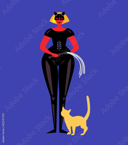 Fashionable Cat-Headed Woman With Pet Feline photo