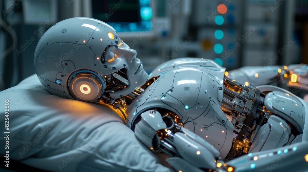 Robot Undergoing Maintenance in a High-Tech Lab Robot Undergoing Maintenance in a High-Tech Lab
