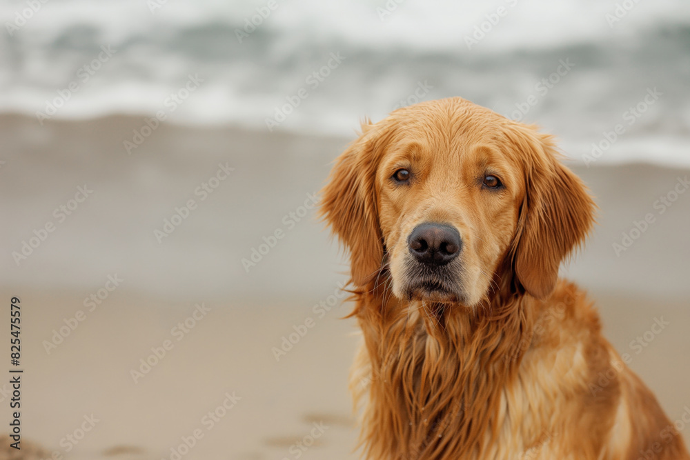 Tranquil golden retriever sits on the sandy shore, with waves in the backdrop, showcasing a contemplative expression as it gazes into the distance, embodying peaceful beachside moments