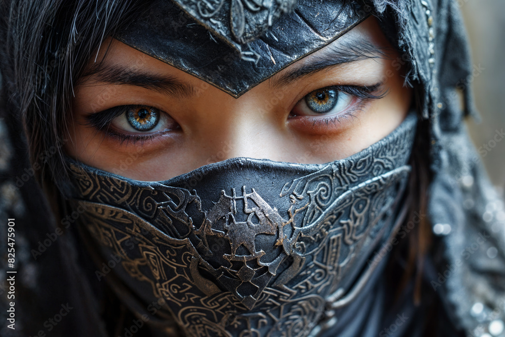 Intense Portrait of a Mysterious Female Ninja in Intricate Mask and Headgear with Blue Eyes
