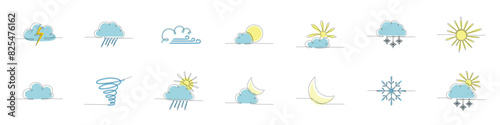 Weather one single line banners set. Continuous editable stroke hand drawn line. Vector stock illustration isolated on white background for design template travel blog, meteorology forecast day.