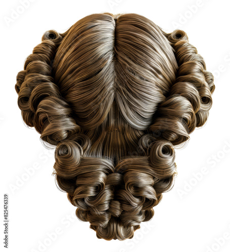 Sophisticated brunette wig styled with textured curls, cut out - stock png.