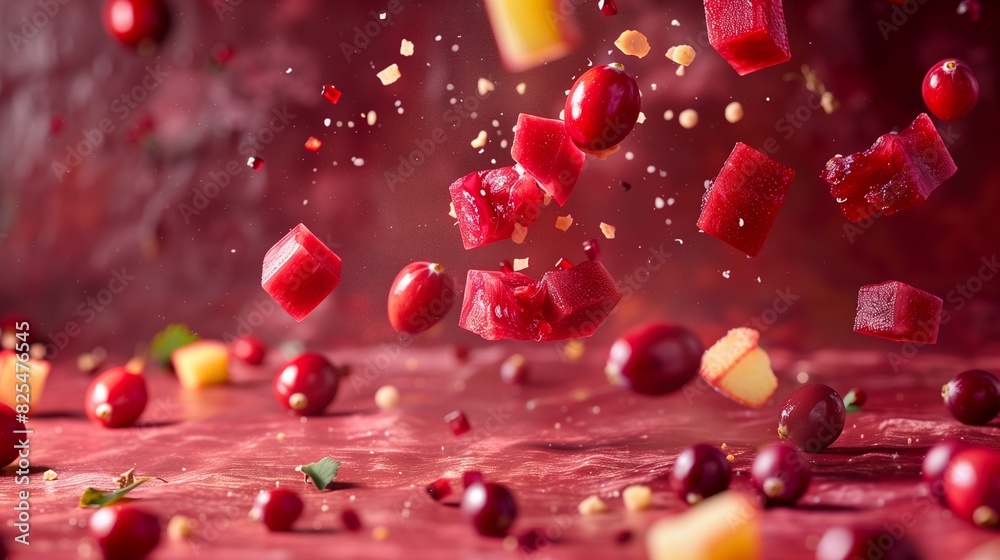 Ruby Red Cranberry Juice Burst, Fruit Pieces Airborne on a Soft Maroon Surface Ruby Red Cranberry Juice Burst, Fruit Pieces Airborne on a Soft Maroon Surface