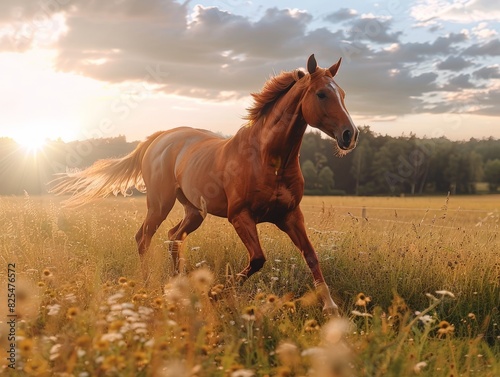 Horse Galloping Through Field of Tall Grass