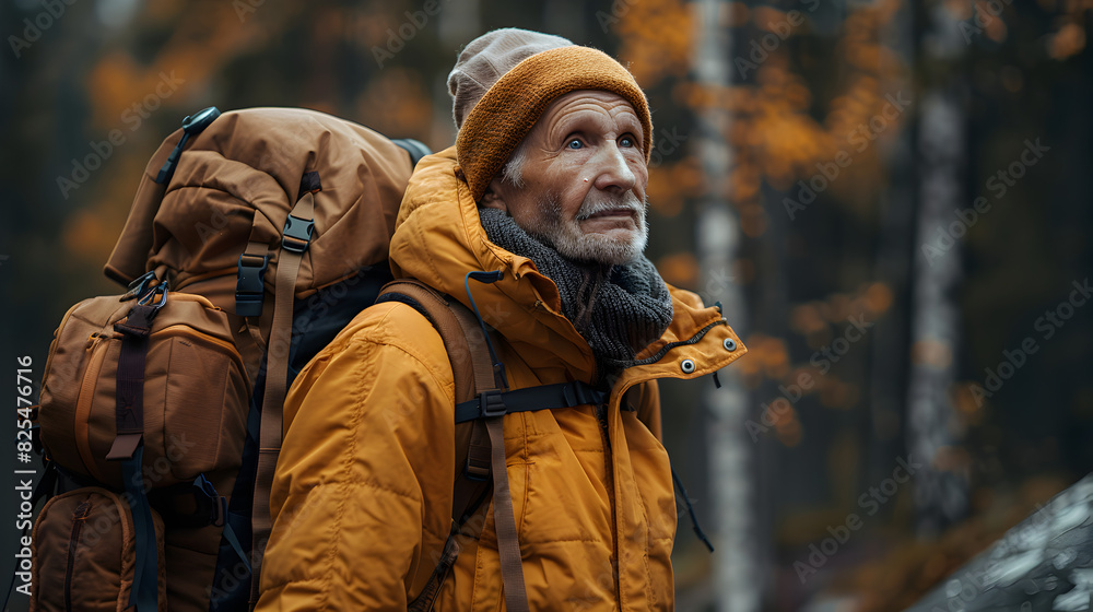 A Man with a Backpack Stands in a Forest, Looking Up at Something in the Distance A Man with a Backpack Stands in a Forest, Looking Up at Something in the Distance
