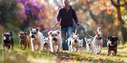 Walking a Group of Adorable Rescue Dogs in the Park. Concept Dog Walking, Animal Rescue, Park Activities, Group Outing, Pet Bonding photo