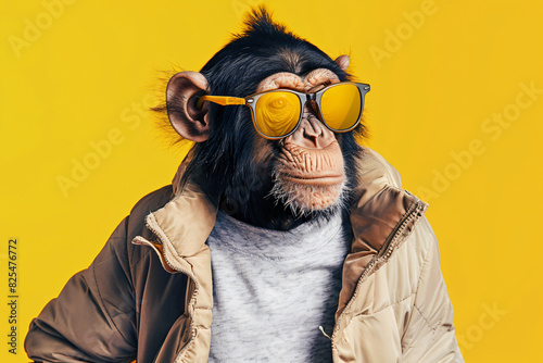 A monkey wearing sunglasses and a yellow jacket. The monkey is smiling and looking at the camera. The image has a playful and lighthearted mood