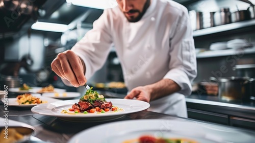 Professional smart chef preparing and garnishing main dish in modern kitchen. Stressed cook in white uniform decorating food or plating food at commercial kitchen while standing behind counter. AIG42.