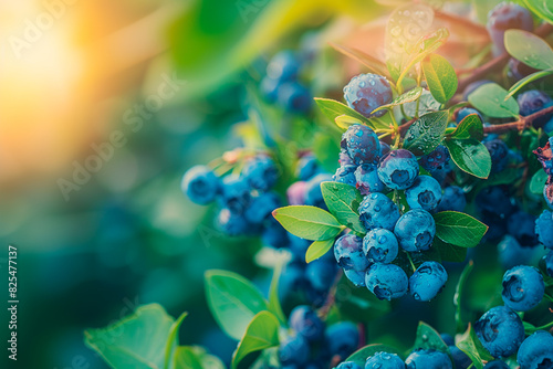 A branch with ripe blueberry fruits and leaves against the background of a ripe blueberry garden. Juicy blueberries.