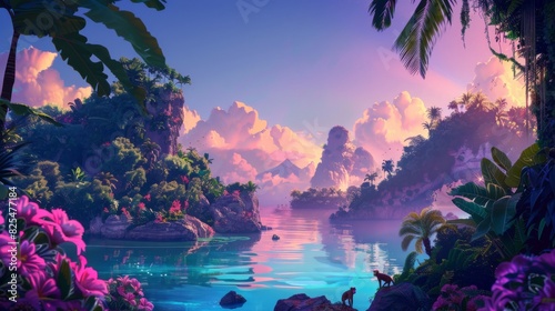 Tropical island paradise with monkeys and pink sunset for travel or vacation themed designs photo