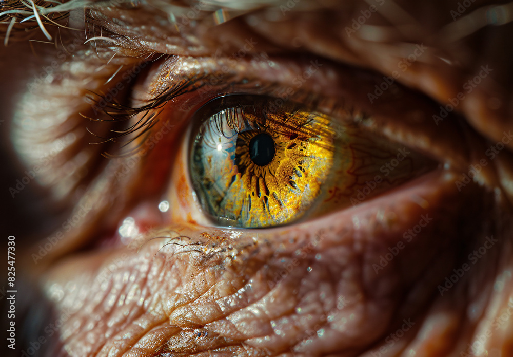 Close-up Macro Photography of Elderly Man's Eye with Detailed Wrinkles and Vividly Colored Iris Pattern, Highlighting Human Aging and Intricate Eye Texture
Close-up Macro Photography of Elderly Man's Eye with Detailed Wrinkles and Vividly Colored Iris Pattern, Highlighting Human Aging and Intricate Eye Texture