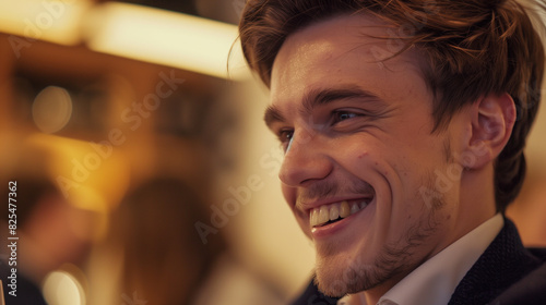 Close-Up Portrait of Happy Young Businessman in Meeting | Side View, Team Collaboration, Professional Setting photo