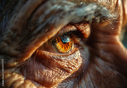 Close-up Macro Photography of Elderly Man's Eye with Detailed Wrinkles and Vividly Colored Iris Pattern, Highlighting Human Aging and Intricate Eye Texture  © Vilius