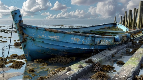Super realistic image of a sky blue fishing boat swamped by seaweed and barnacles on an old pier