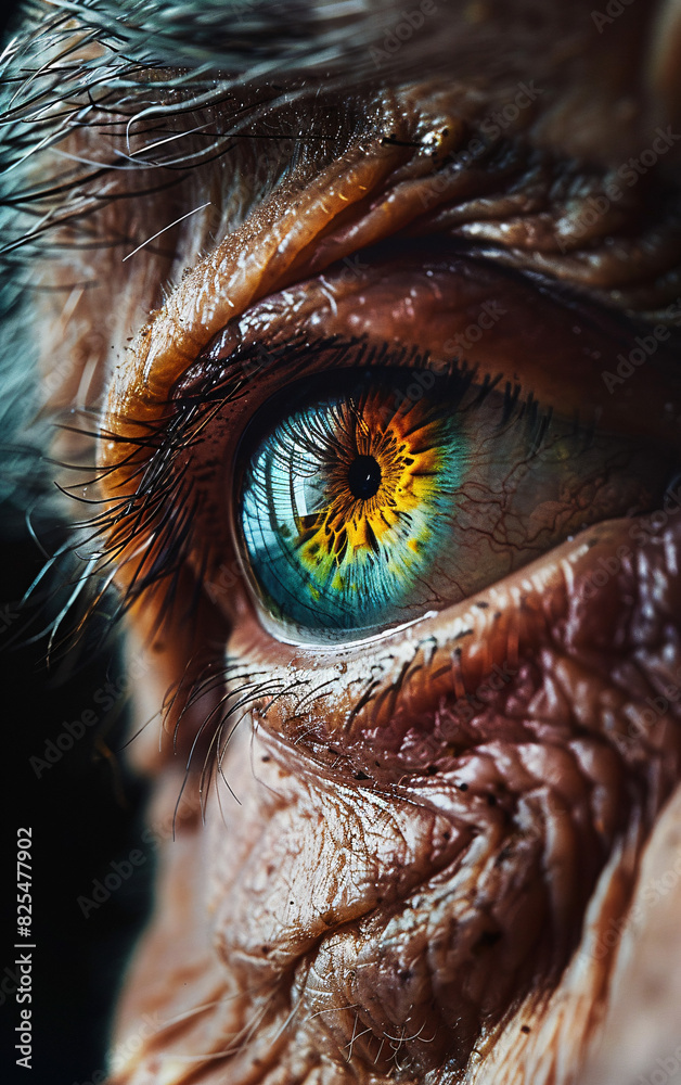 Close-up Macro Photography of Elderly Man's Eye with Detailed Wrinkles and Vividly Colored Iris Pattern, Highlighting Human Aging and Intricate Eye Texture
Close-up Macro Photography of Elderly Man's Eye with Detailed Wrinkles and Vividly Colored Iris Pattern, Highlighting Human Aging and Intricate Eye Texture