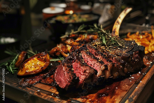 Juicy steak. Beef Tomahawk steak cooked on the grill lies on a wooden board. Juicy fried meat. Blurred background.