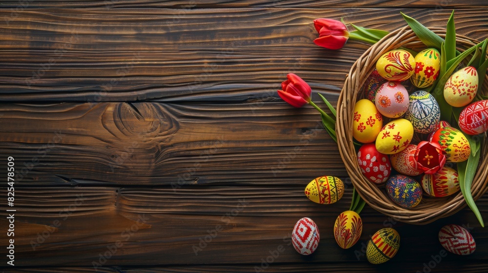 Top view of a full basket of colorful Easter Eggs on wooden table with turlip flower Top view of a full basket of colorful Easter Eggs on wooden table with turlip flower