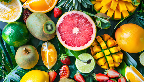 Assortment of fresh exotic fruits as background, top view photo