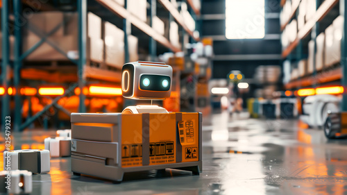A robot seated within a warehouse, surrounded by boxes, against a generative AI background. Depicting the future of order dispatching and delivery facilitated by robots. photo