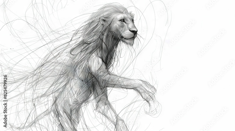 A monochromatic illustration of a regal lion with an extended mane and tail, in motion, gazing obliquely A monochromatic illustration of a regal lion with an extended mane and tail, in motion, gazing obliquely