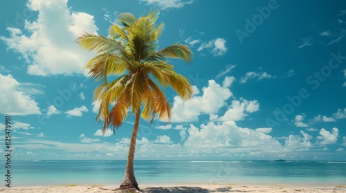 Palm Tree on Sandy Beach Under Blue Sky