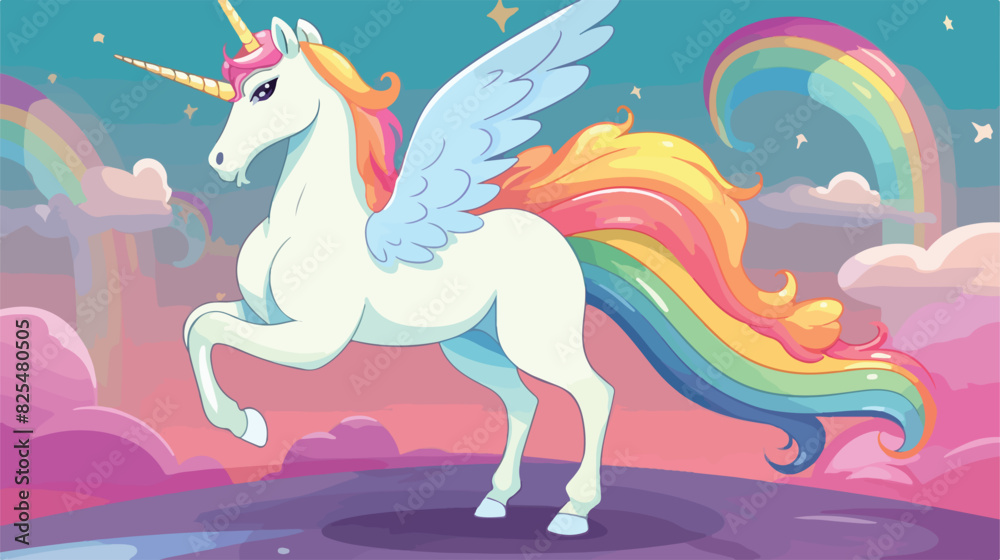 A fairy tale unicorn standing on rainbow in the sky