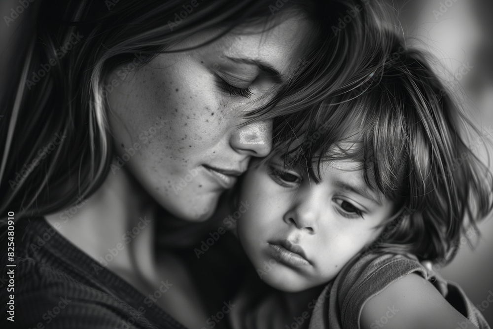 AI generated illustration of a mother embraces her child while he gazes elsewhere AI generated illustration of a mother embraces her child while he gazes elsewhere