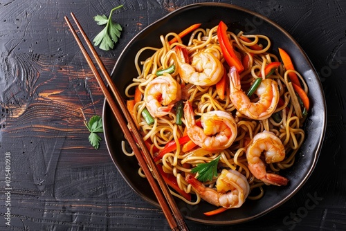 Delicious Shrimp Yakisoba Noodles with Fresh Vegetables in a Dark Bowl photo