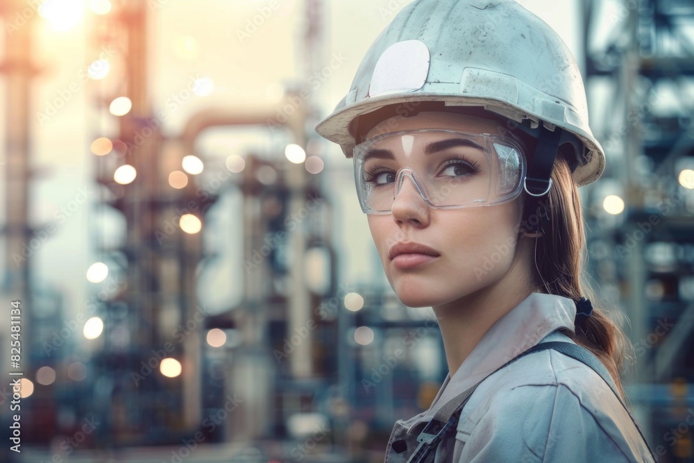 A young woman in a hard hat and safety glasses on the background of an industrial plant. A young woman in a hard hat and safety glasses on the background of an industrial plant.