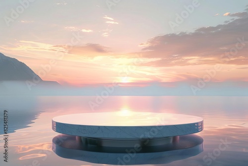 tranquil sunset reflecting on serene water elegant glass podium display digital 3d illustration