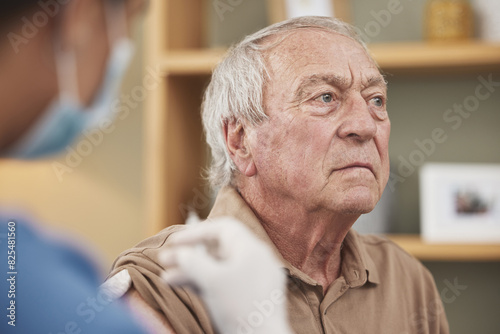 Wallpaper Mural Senior man, nurse and injection for vaccine, healthcare or wellness in retirement home. People, medic and immunization for virus or illness in medicine, elderly care as professional in hospital Torontodigital.ca