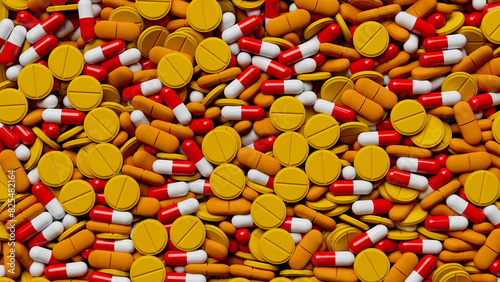 Colorful tablets fill the screen, pills background . Drugs, pills, tablets, medicine concept. 3d render illustration