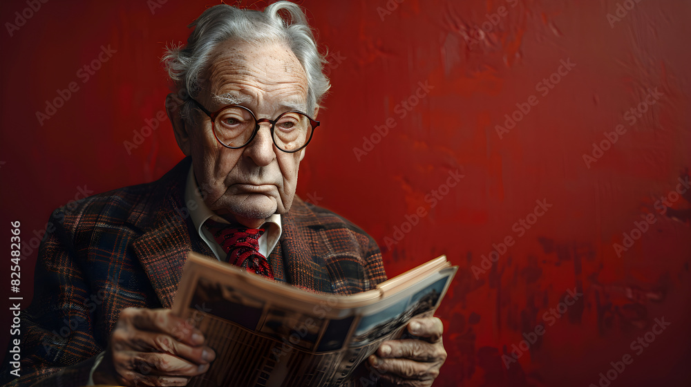  Close-Up Portrait of an Elderly Man Reading a Book in Front of a Red Background