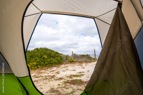 View of sand dunes from inside a camping tent at Assateague Island, Maryland