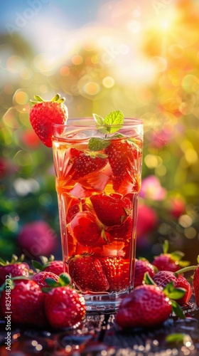 Tall Glass Filled With Drink Surrounded by Strawberries