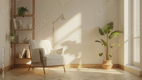 living room interior mockup design with a wooden floor and white wall background  an armchair  a stand lamp  a shelf  a plant  a bookcase decorating in the style of a minimal home studio apartment.